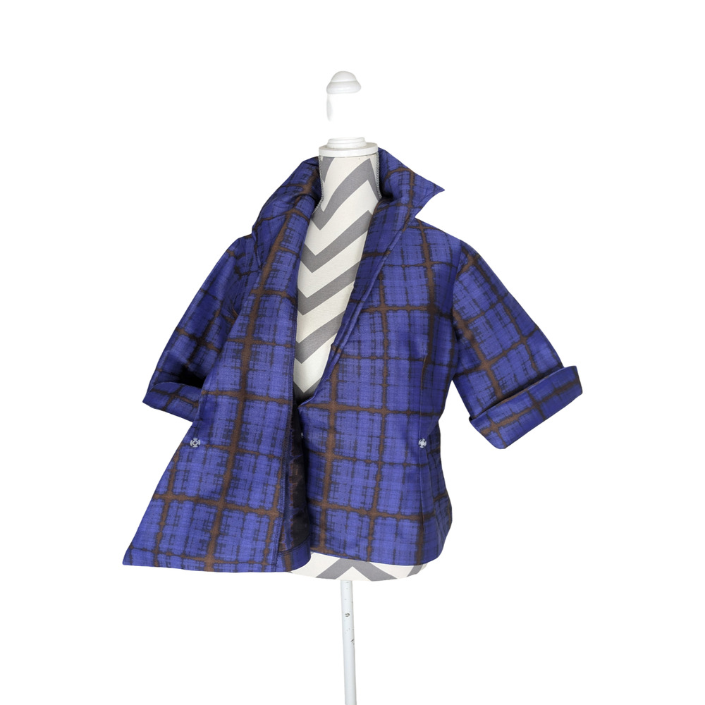 Lorain Croft Silk Wired Collar Abstract Print Jacket Medium Blue Brown - Picture 5 of 9
